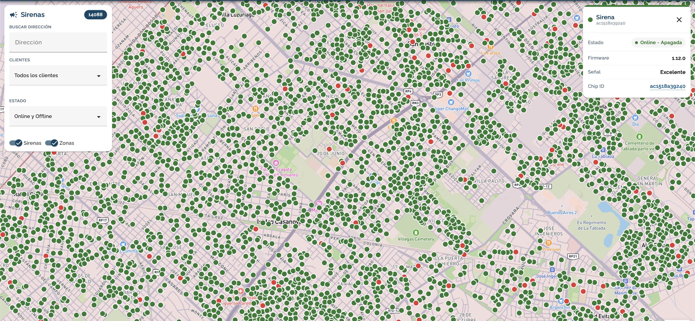 Mapa del parque de sirenas: miles de equipos, cada uno con su estado